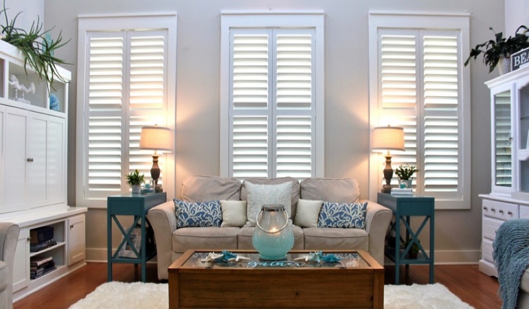 Miami modern living room with plantation shutters 